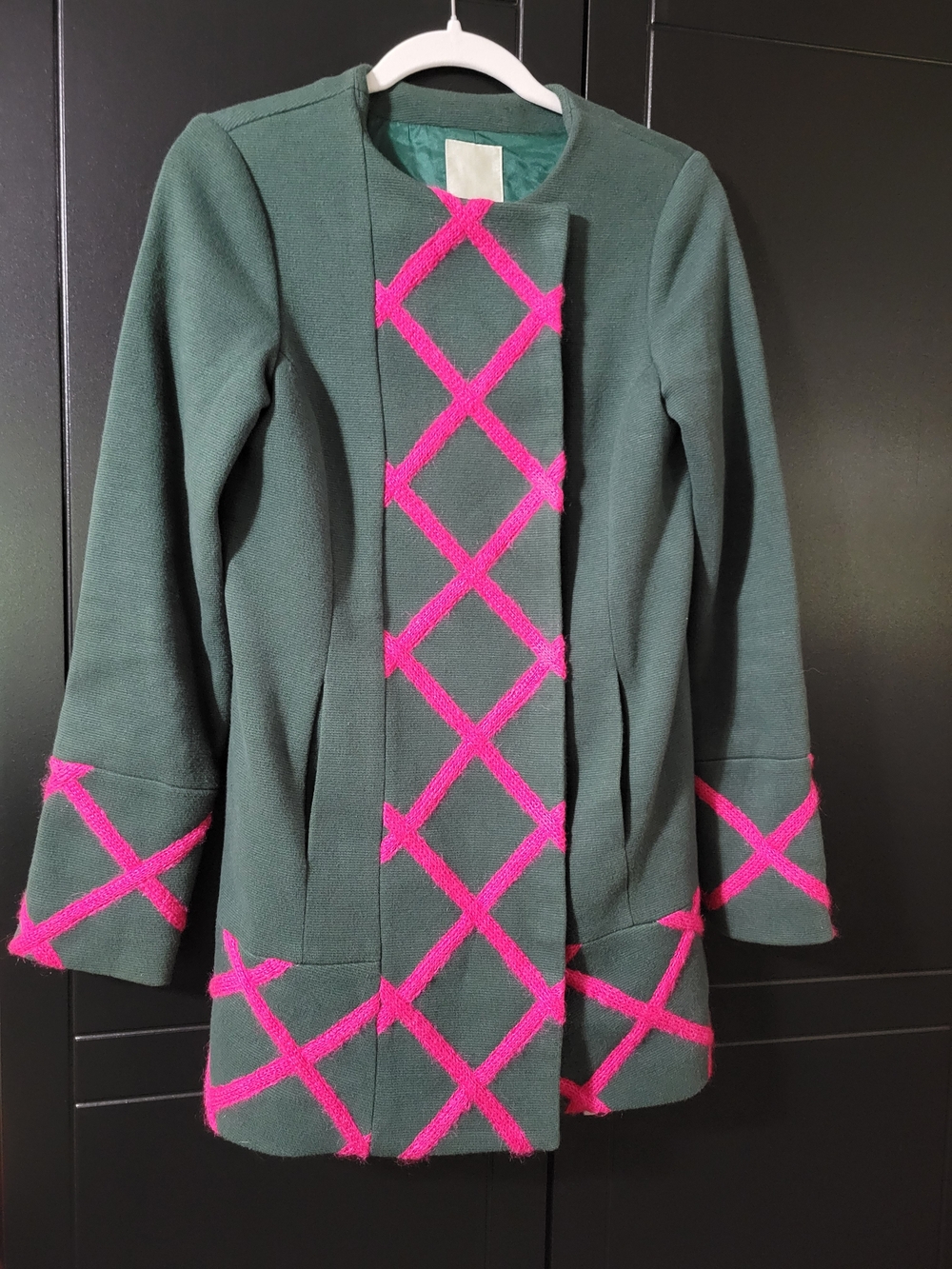 elevenses Dark Green Coat with Hot Pink Lattice Trim